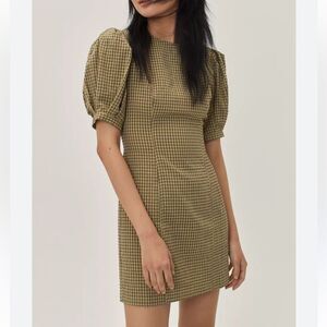 Nasty Gal‎ Size 8 Puff Sleeve Gingham Print Fitted Mini Dress Green Cottagecore